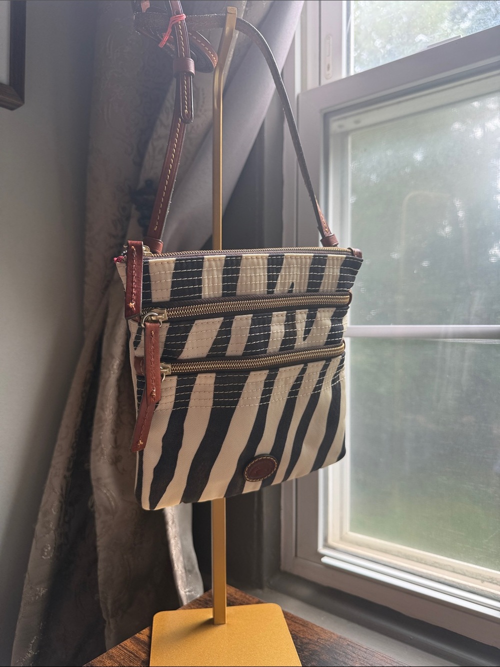 Dooney & Bourke Black and White Striped Canvas Crossbody with Brown Leather Trim